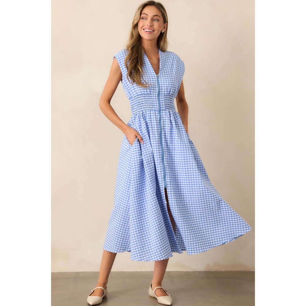 ENTRO Shasta Dress Large Blue Gingham Picnic Zip Front Smocked Midi Cap Sleeve